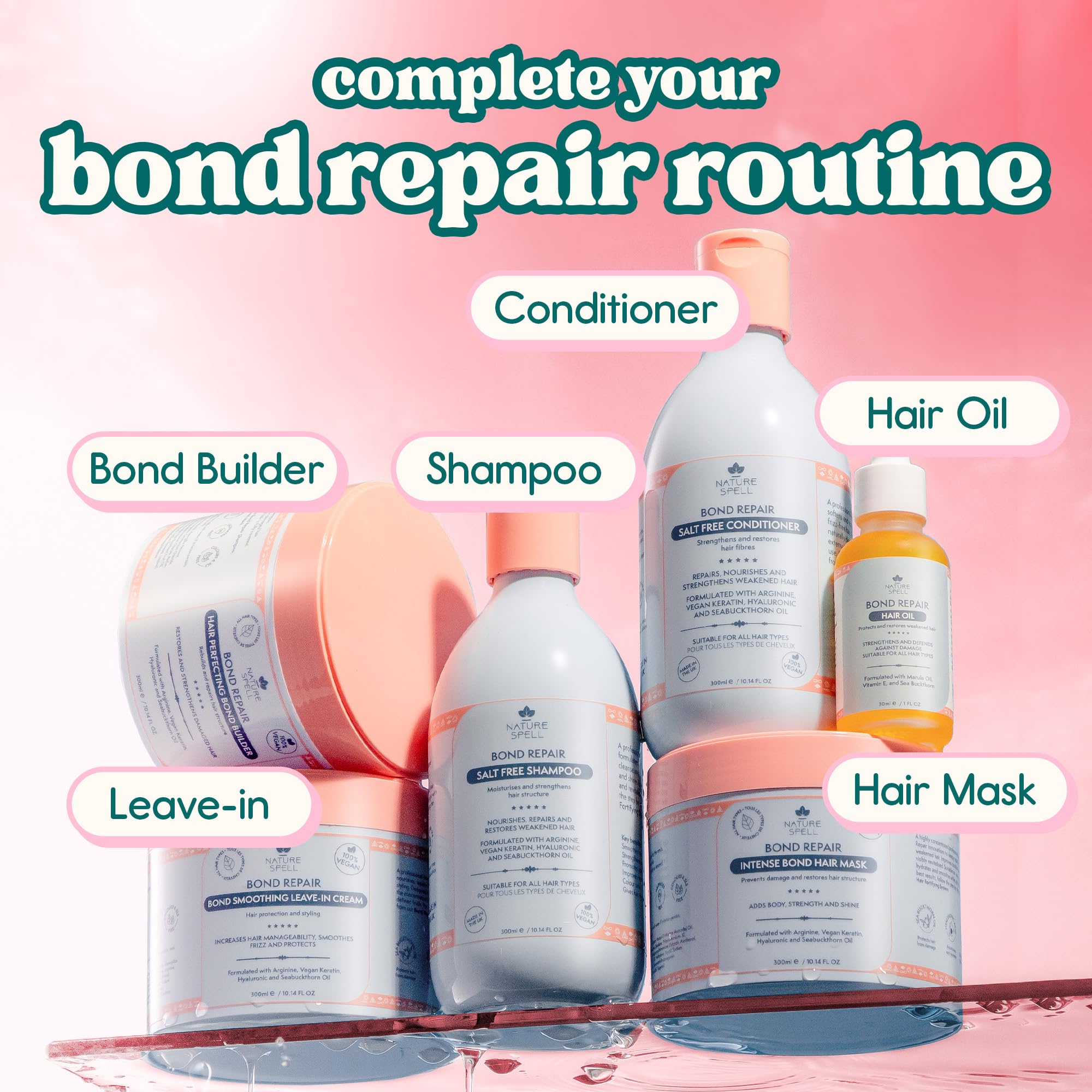 Nature Spell Bond Repair Shampoo & Conditioner Set, Sulfate & Paraben Free, Repairs & Nourishes with Keratin & Hyaluronic Acid, Color Safe, For All Hair Types, Vegan, Pack of 2, 10.14 fl oz Each - Image 8