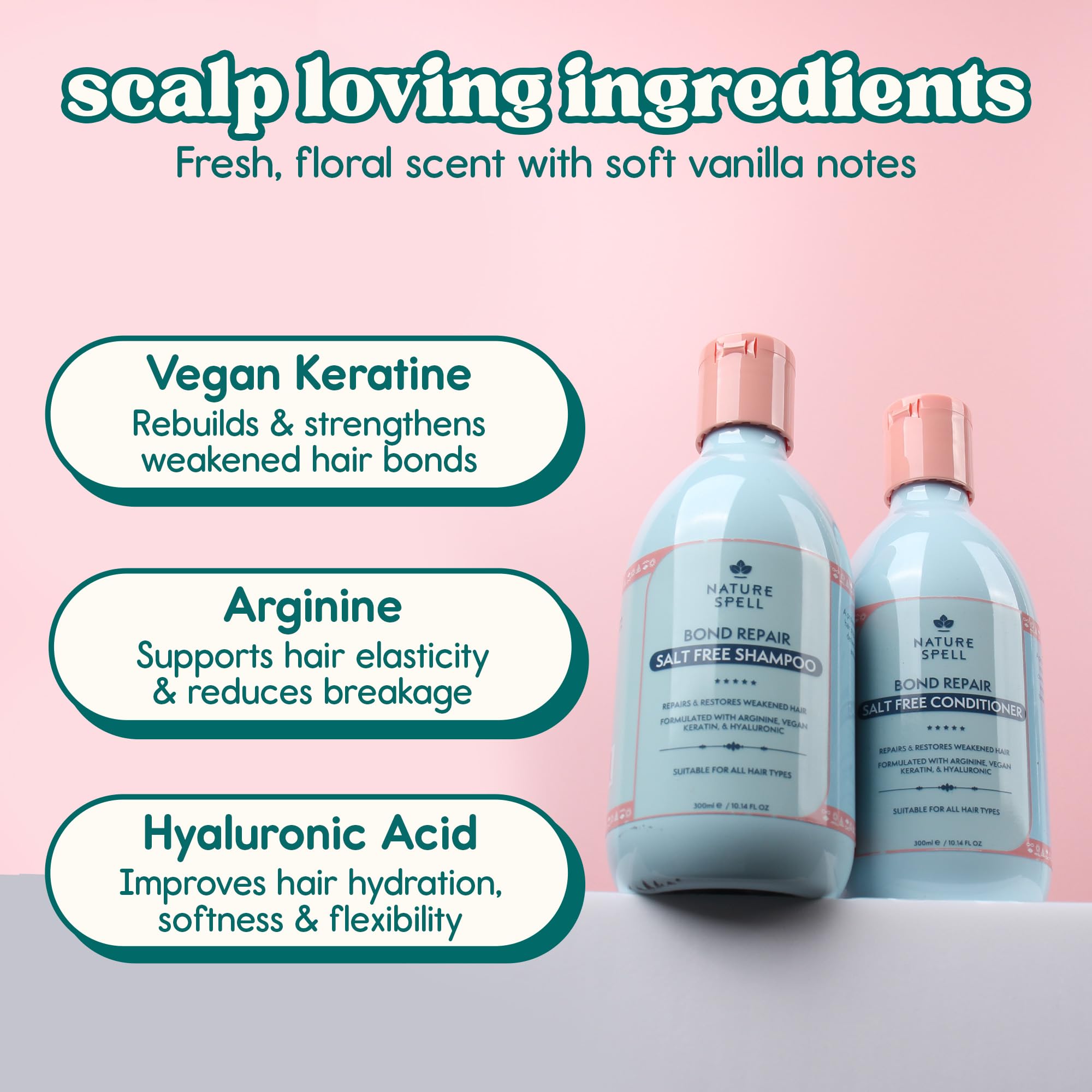 Nature Spell Bond Repair Shampoo & Conditioner Set, Sulfate & Paraben Free, Repairs & Nourishes with Keratin & Hyaluronic Acid, Color Safe, For All Hair Types, Vegan, Pack of 2, 10.14 fl oz Each - Image 4