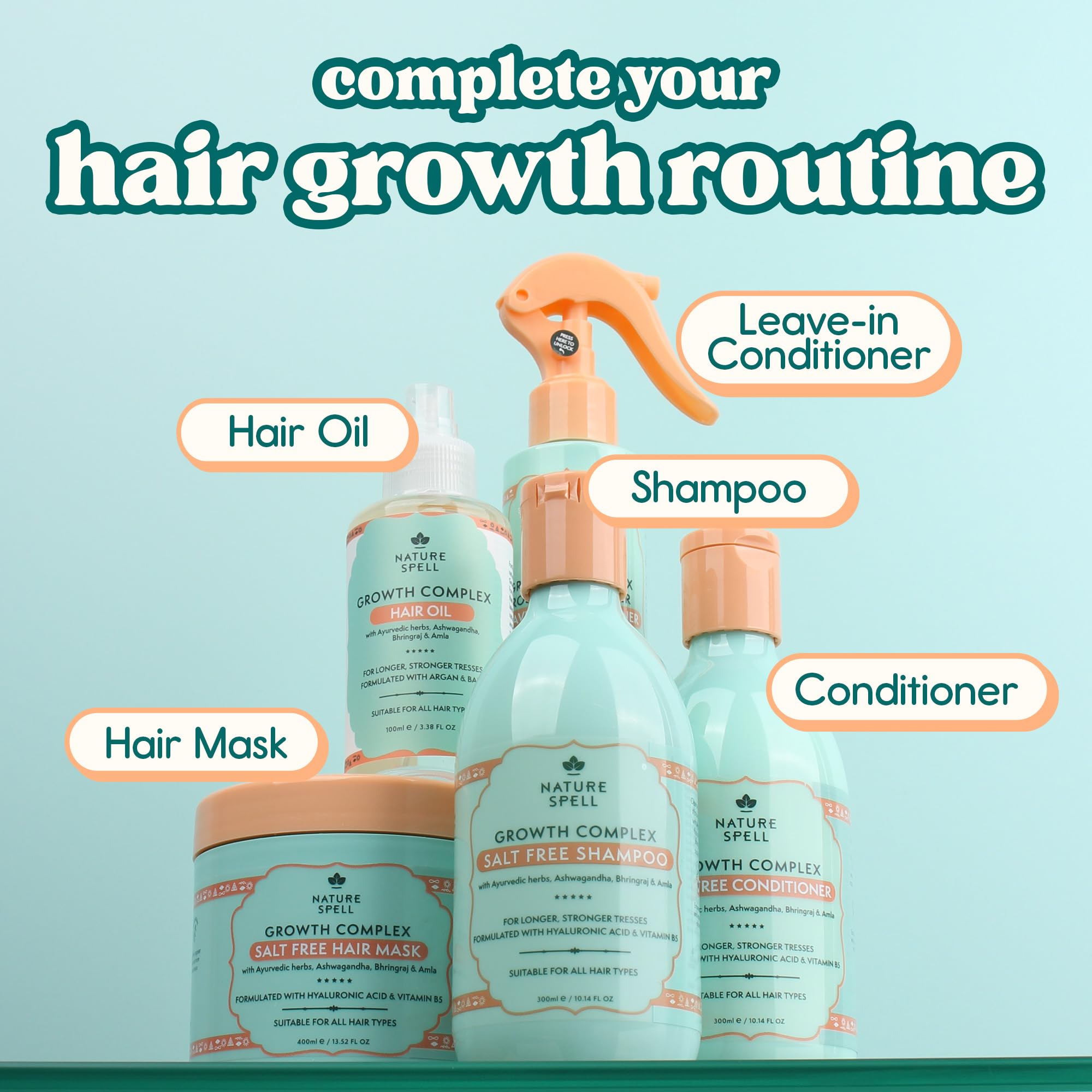 Nature Spell Hair Growth Complex Shampoo & Conditioner Set for All Hair Types, Sulfate & Paraben Free, Nourishing & Strengthening with Hyaluronic Acid & Vitamin B5, Vegan, Pack of 2, 10.14 fl oz Each - Image 8