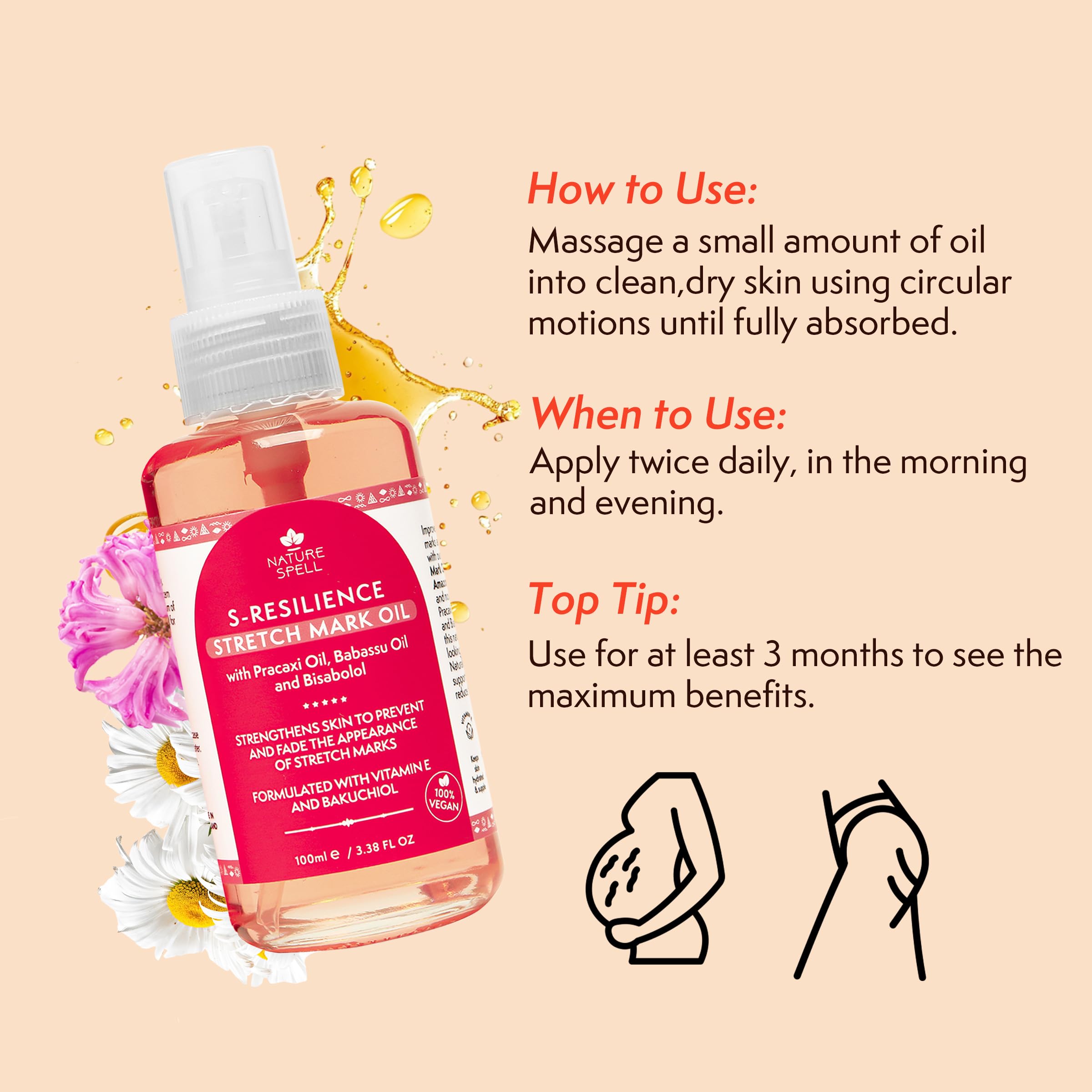 Nature Spell Stretch Mark Oil For Women, Vegan Body Oil for Stretch Marks, Scars & Uneven Skin Tone, 3.38 Fl Oz - Image 5